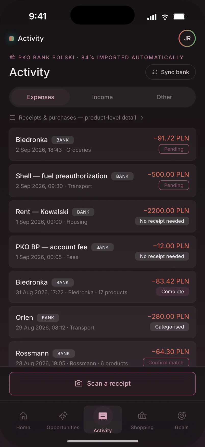 Ekran Activity w prototypie: transakcje bankowe i ręczne ze statusem paragonu